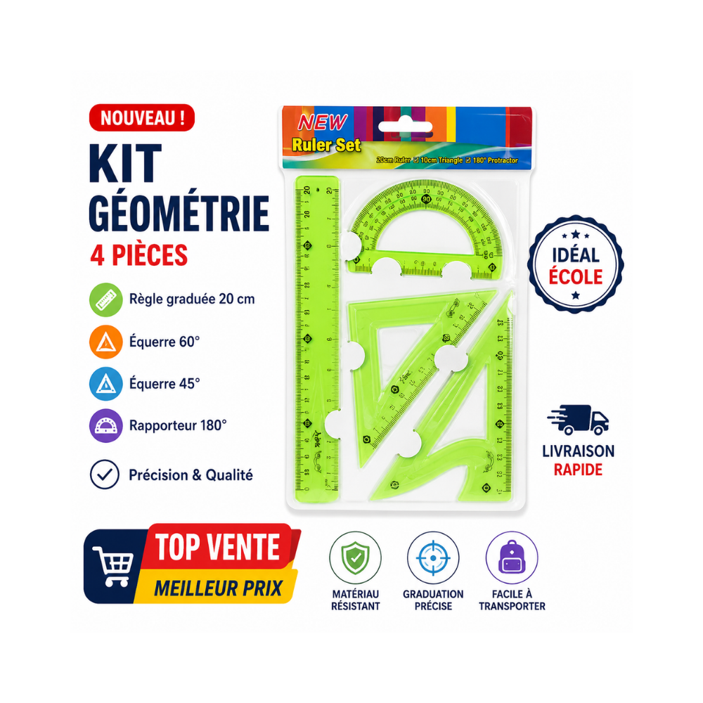 Kit de géométrie scolaire 4 pièces vert fluorescent comprenant une règle graduée de 20 cm