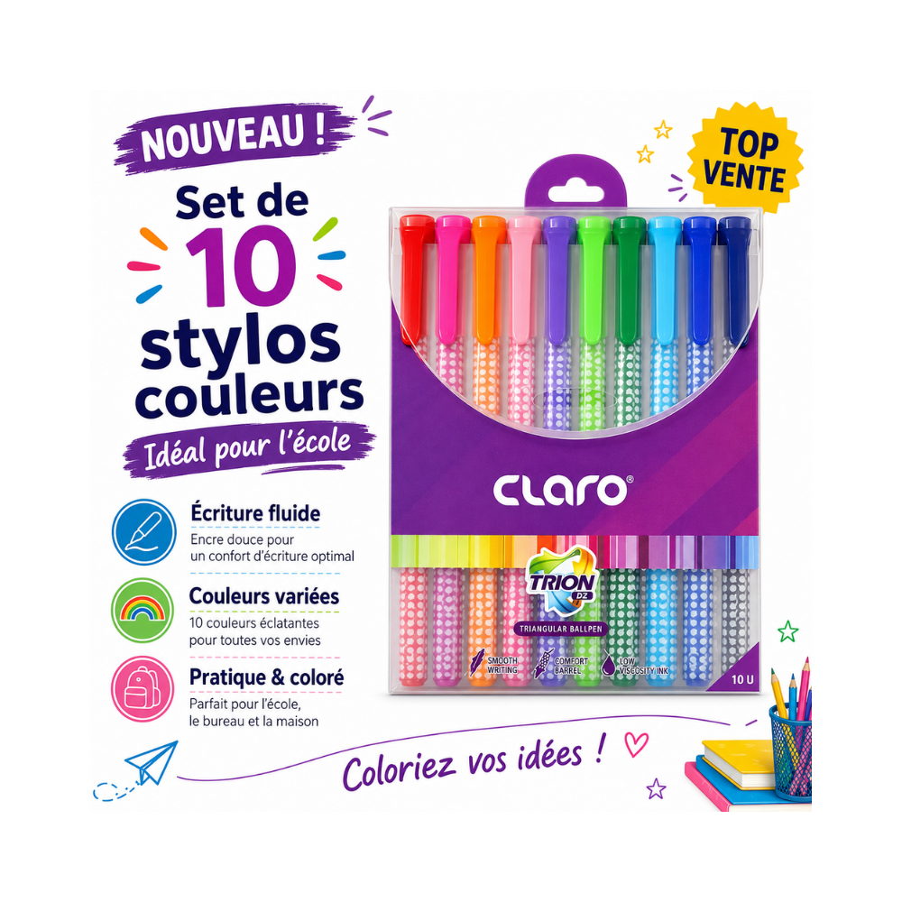 Set de 10 stylos à bille colorés CLARO TRION DZ