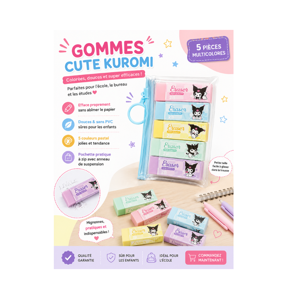 Pack de 5 gommes pastel 2B aux couleurs douces et variées