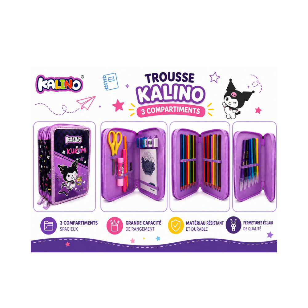Trousse scolaire Kalino Kuromi violette à 3 compartiments