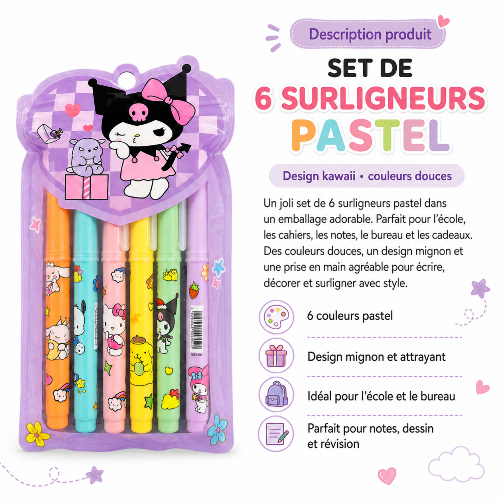 Set de 6 surligneurs pastel kawaii