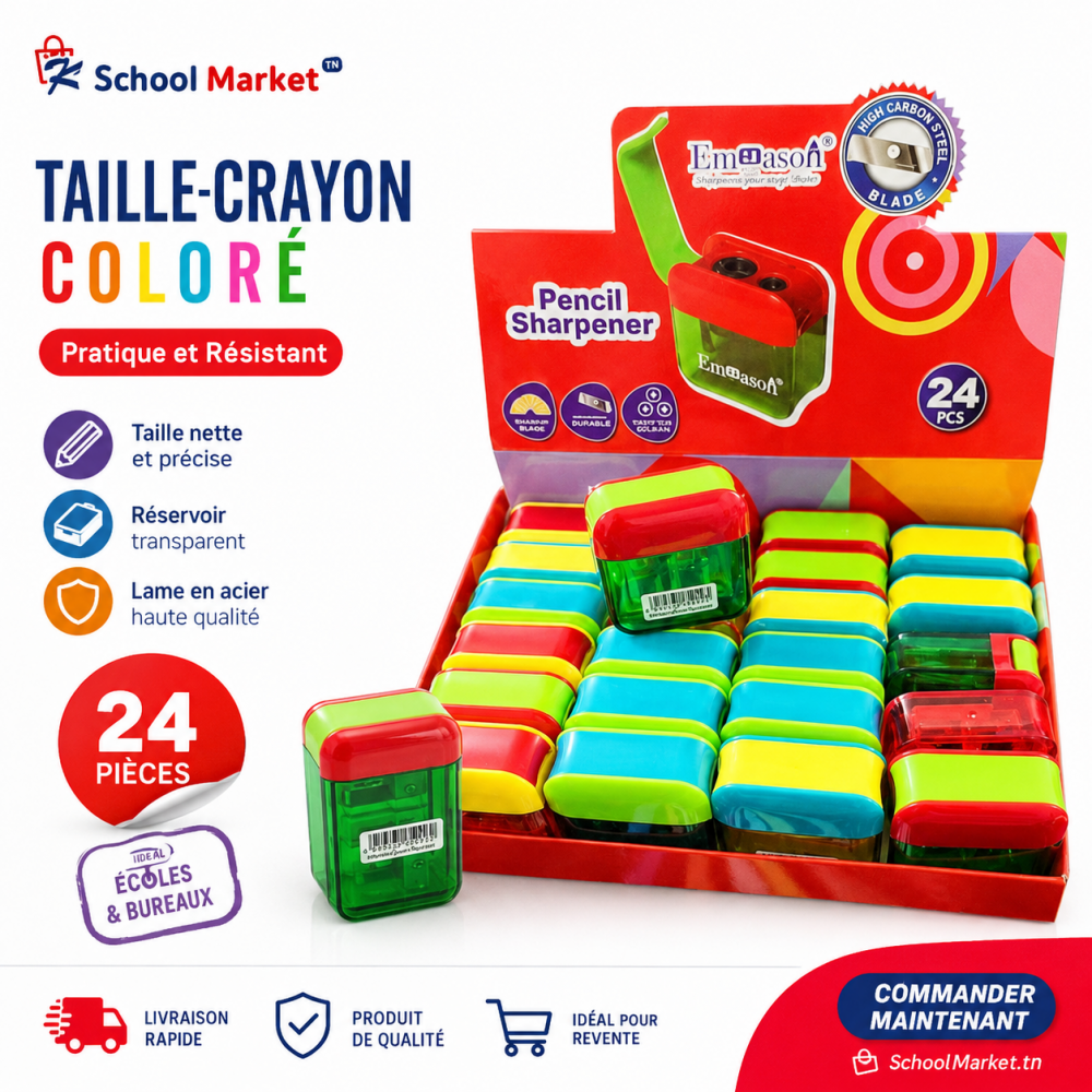 Taille-crayon coloré avec réservoir transparent