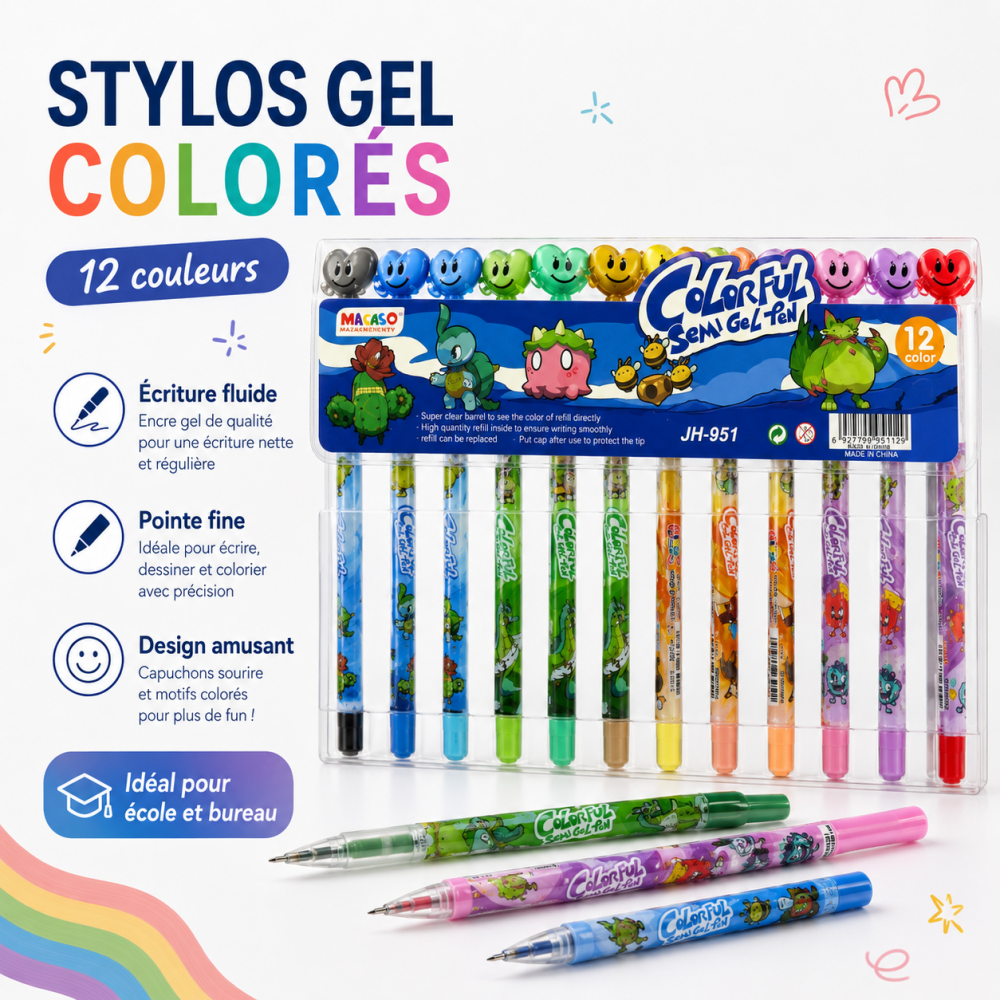 Stylos gel colorés en coffret de 12 couleurs