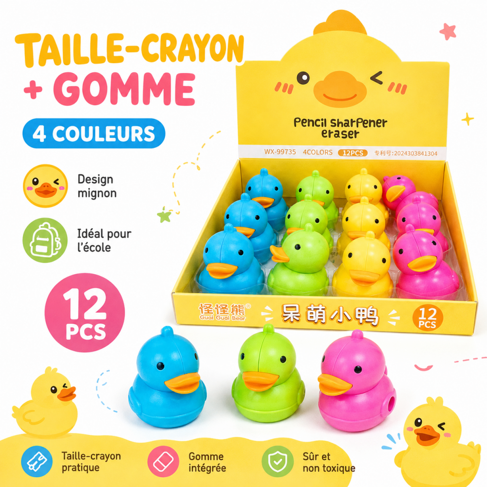 Taille-crayon fantaisie en forme de petit canard avec gomme intégrée
