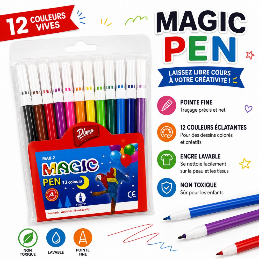 des feutres à pointe fine Magic Pen Pluma – 12 couleurs