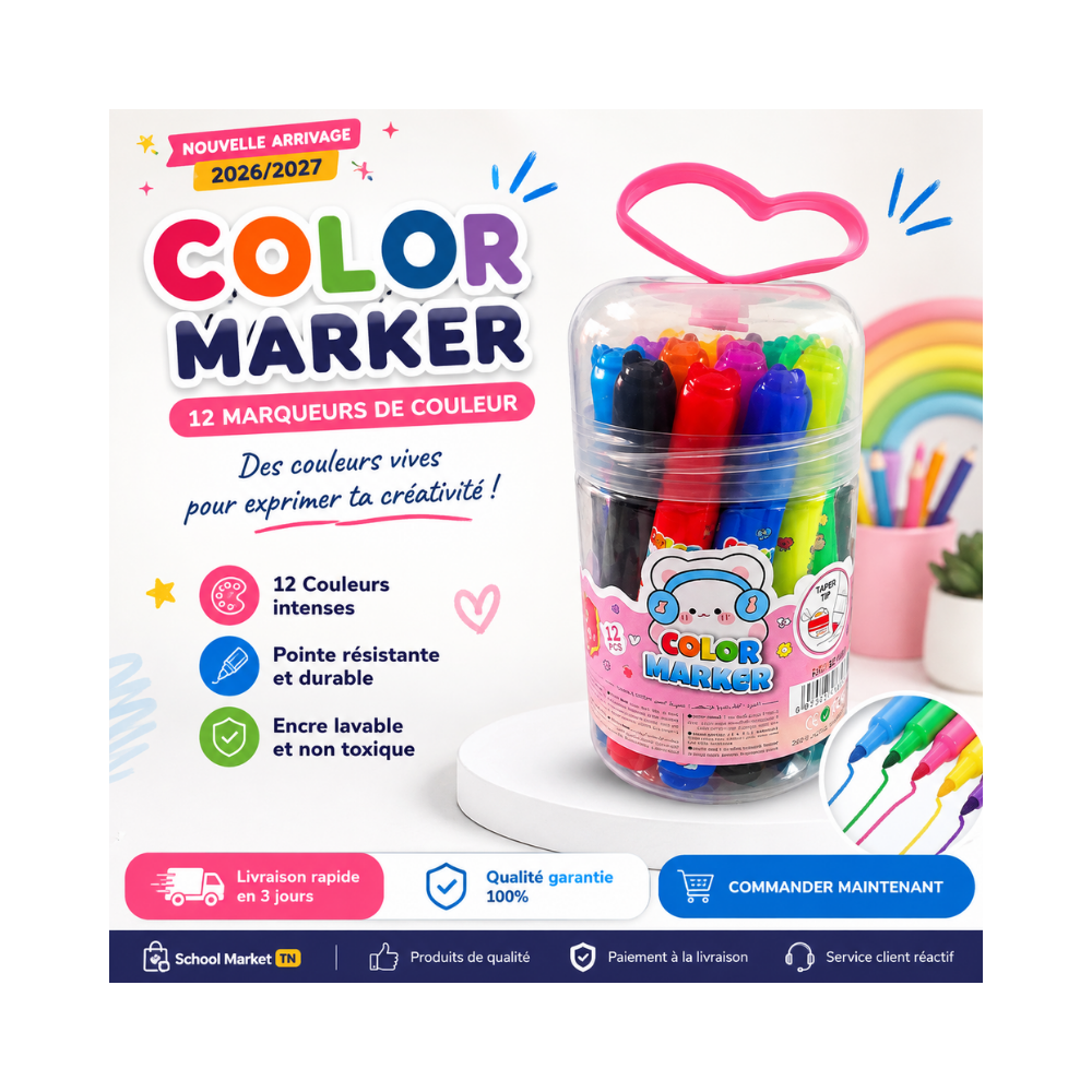Marqueurs de couleur 12 pièces dans une boîte pratique avec poignée cœur