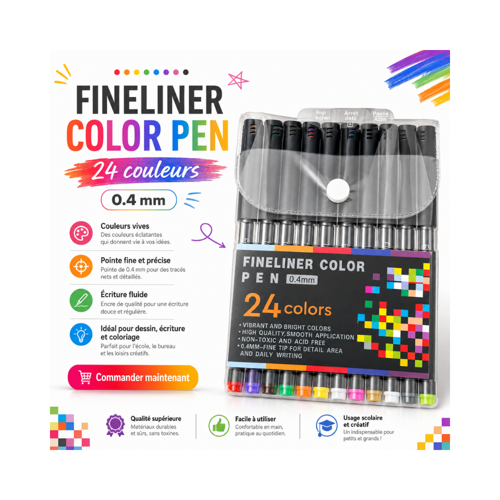 Set de 24 stylos Fineliner Color Pen à pointe fine 0,4 mm