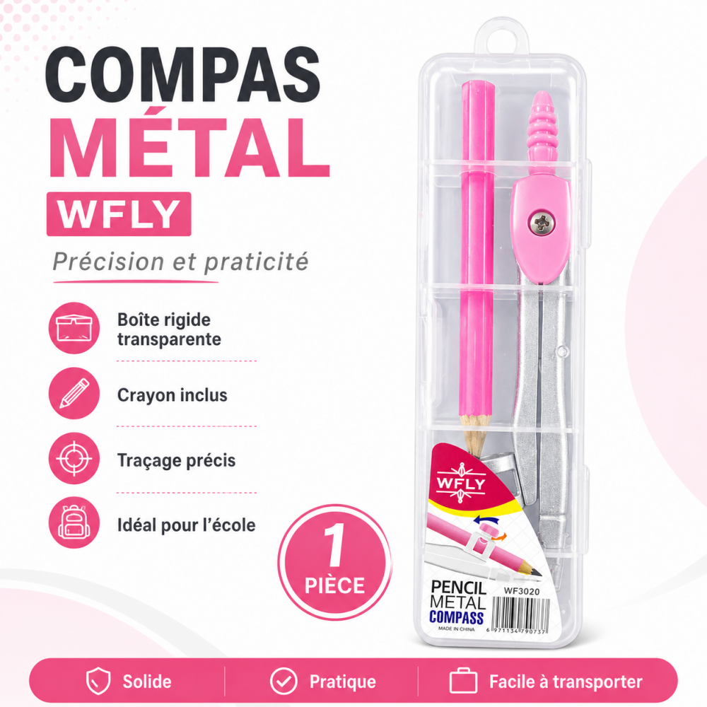 Compas métal WFLY avec crayon inclus et boîte rigide transparente