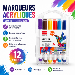 Marqueurs acryliques Soft-tip en coffret de 12 couleurs vives