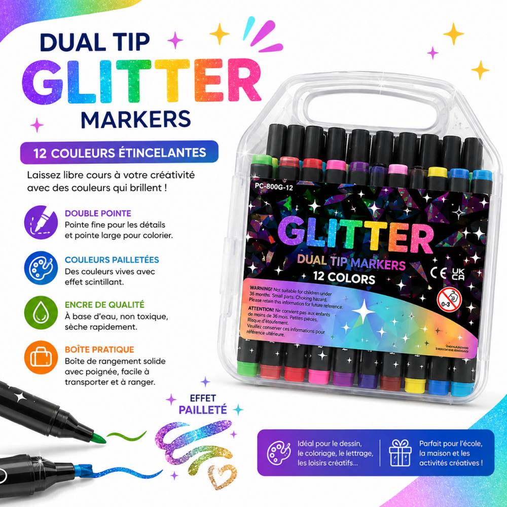 Marqueurs Glitter Dual Tip en coffret de 12 couleurs scintillantes