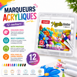 Marqueurs acryliques YOHIM en coffret de 12 couleurs vives