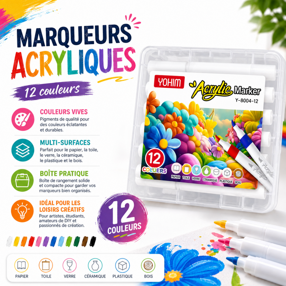 Marqueurs acryliques YOHIM en coffret de 12 couleurs vives