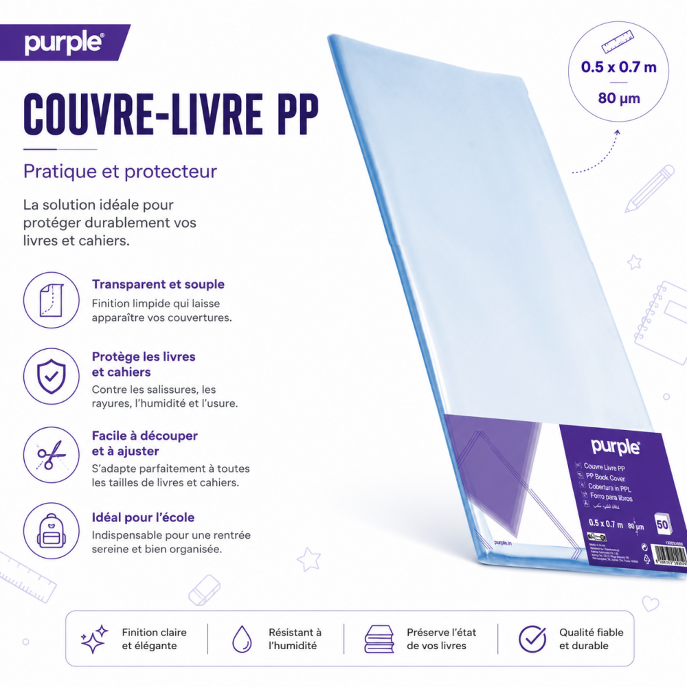 Couvre-livre PP Purple transparent et souple 50pieces