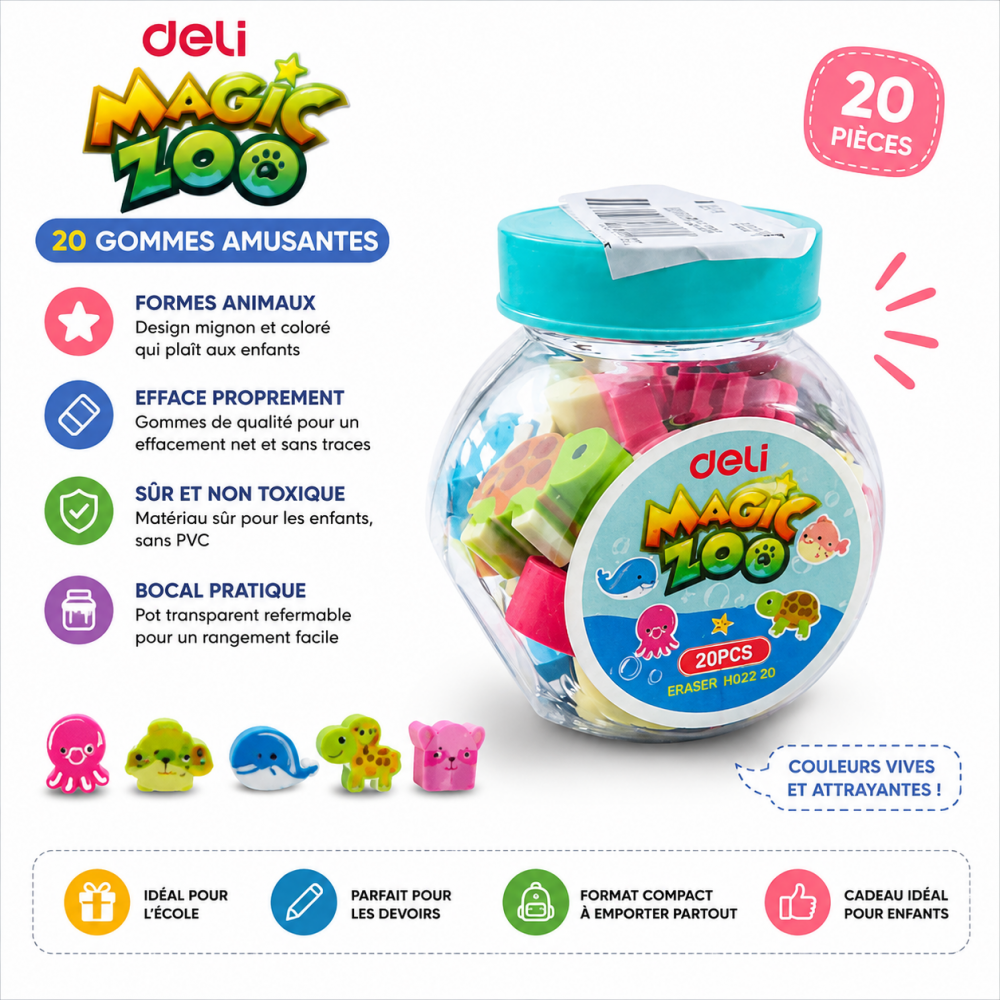 Gommes fantaisie Deli Magic Zoo  pot de 20 pièces