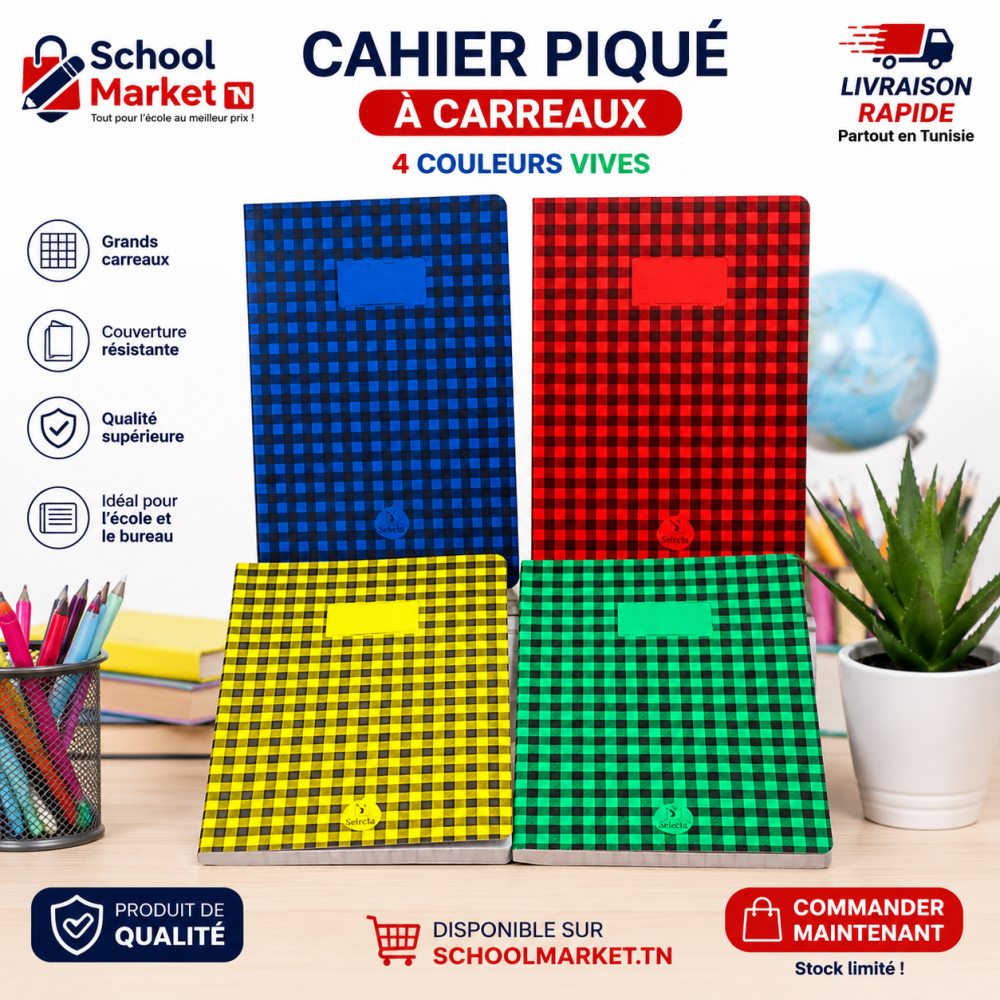 Cahier piqué à carreaux Selecta disponible en 4 couleurs 400p