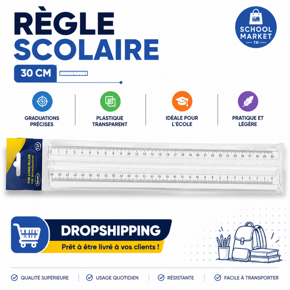 Règle scolaire transparente 30 cm avec graduations précises