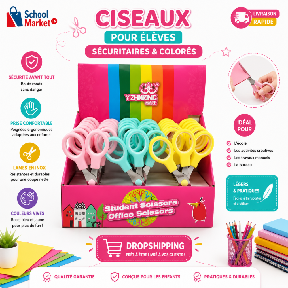 Ciseaux scolaires pour élèves avec bouts ronds sécurisés