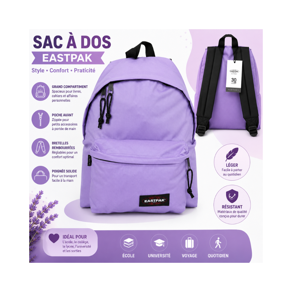 Sac à dos Eastpak violet pastel  lilas au design moderne