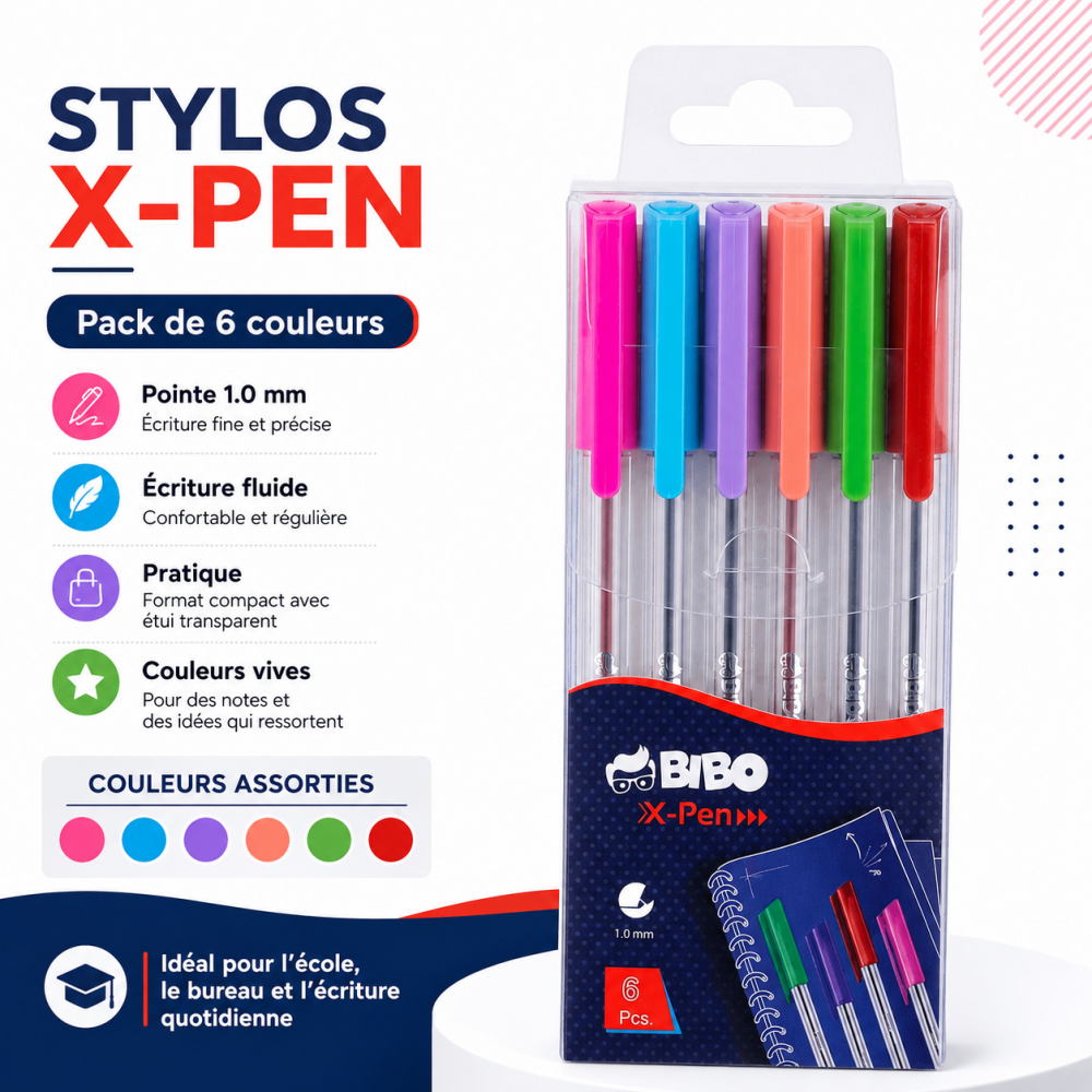 Pack de 6 stylos BIBO X-Pen aux couleurs assorties