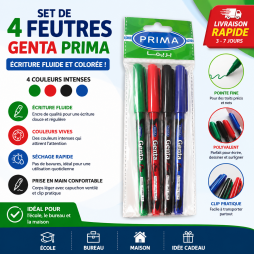 Set de 4 feutres PRIMA Genta aux couleurs assorties vert, rouge, noir et bleu
