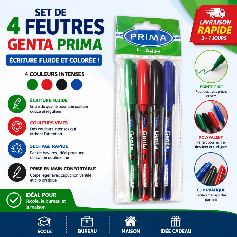Set de 4 feutres PRIMA Genta aux couleurs assorties vert, rouge, noir et bleu