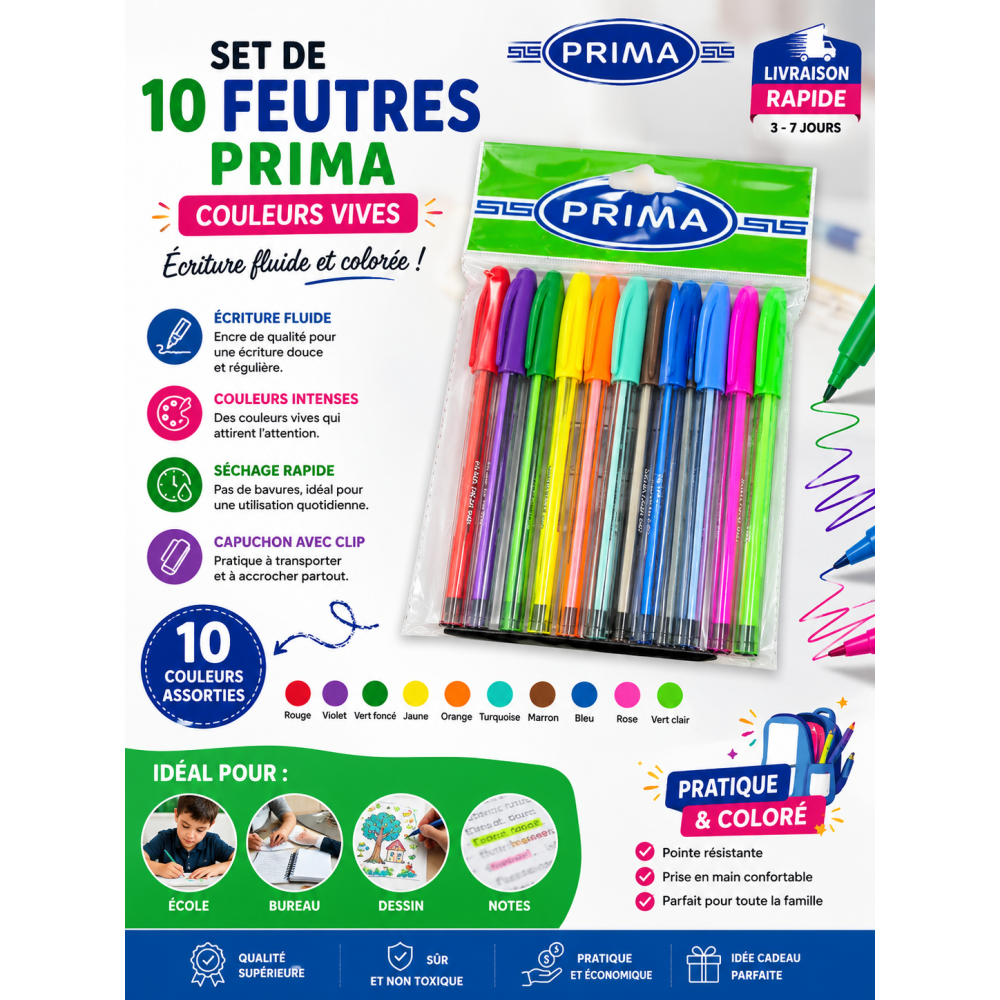 Set de 10 feutres PRIMA Flash aux couleurs assorties