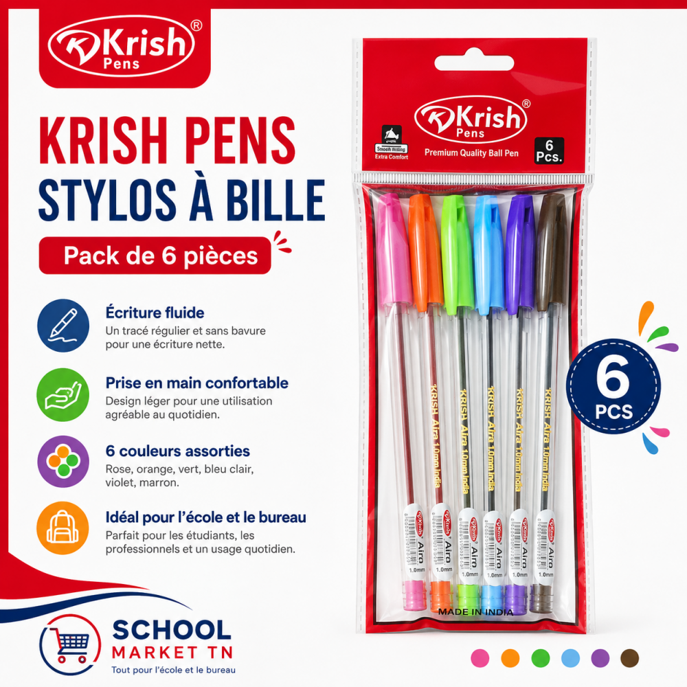 Pack de 6 stylos à bille Krish Pens aux couleurs assorties