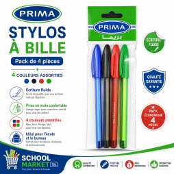 Pack de 4 stylos à bille Prima en couleurs assorties