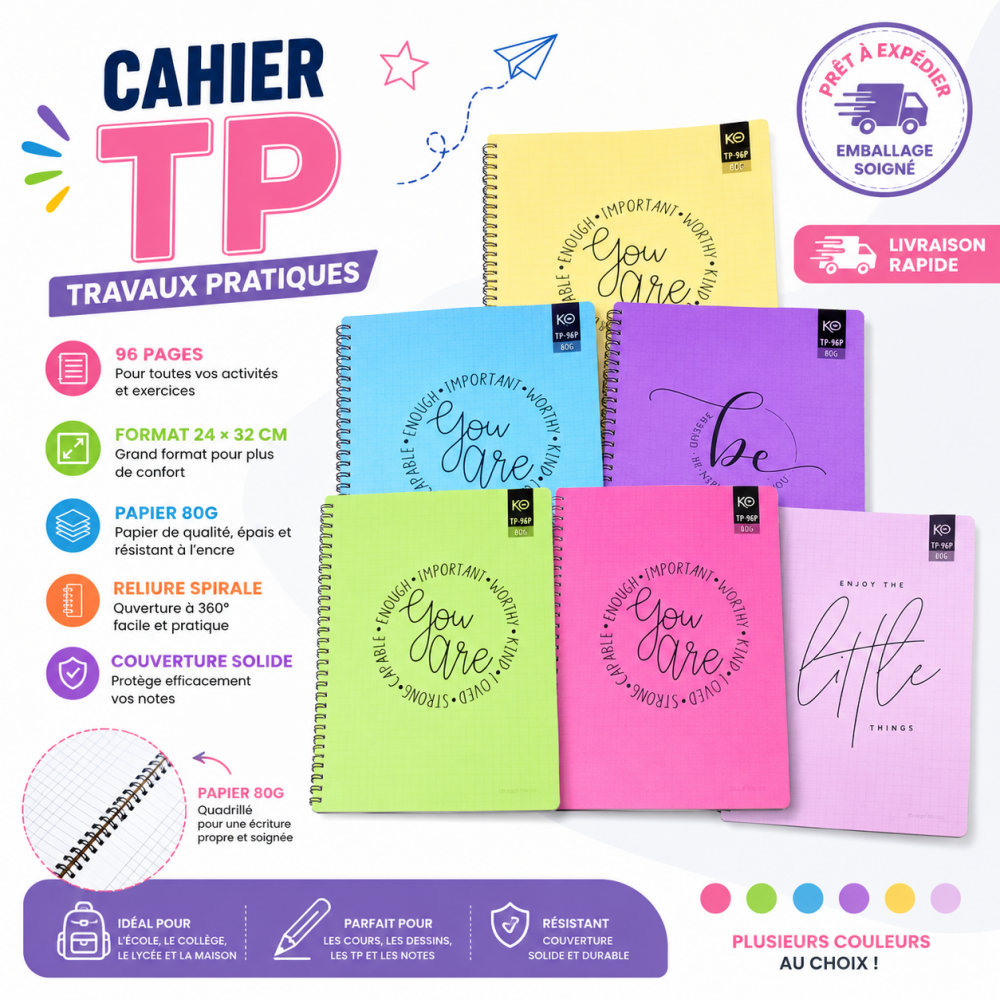 Cahier de travaux pratiques 96 pages, format 24 × 32 cm, papier 80 g de bonne qualité