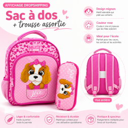 Sac à dos scolaire rose pour fille avec trousse assortie