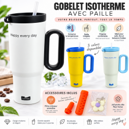 Gobelet isotherme  Happy every day  avec paille intégrée et grande poignée ergonomique
