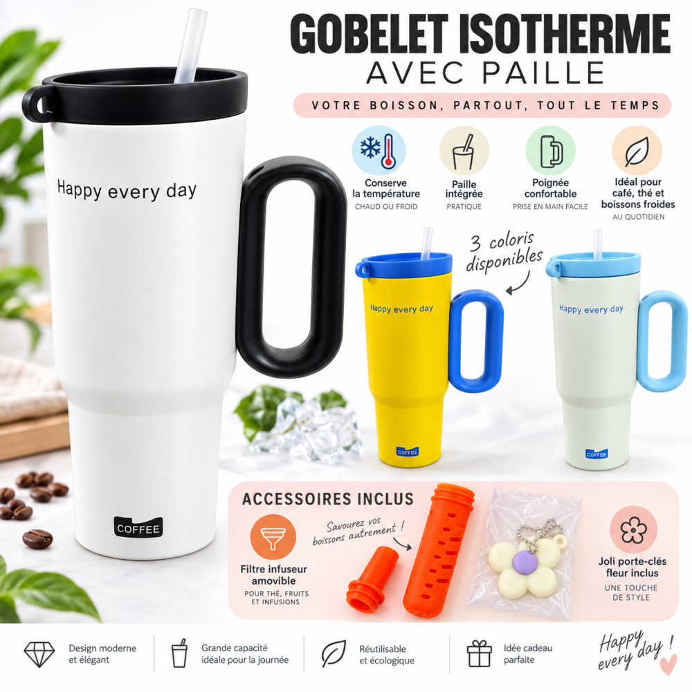 Gobelet isotherme  Happy every day  avec paille intégrée et grande poignée ergonomique