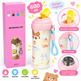 Gourde enfant 600 ml au design rose et motifs adorables