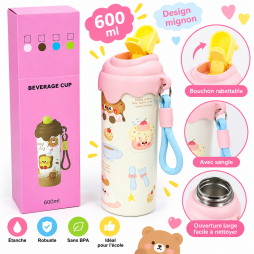 Gourde enfant 600 ml au design rose et motifs adorables