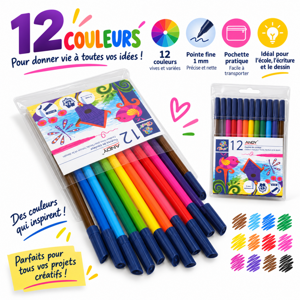 Pochette de 12 feutres de couleur aux teintes vives et variées
