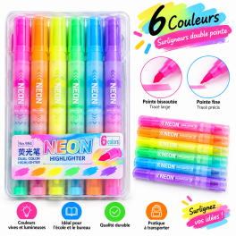 Surligneurs Neon Highlighter double pointe – boîte de 6 couleurs