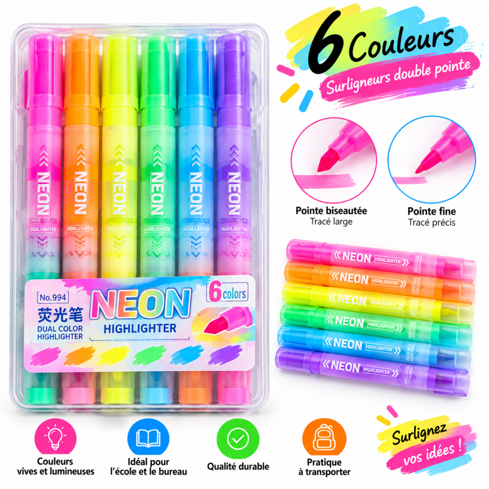 Surligneurs Neon Highlighter double pointe – boîte de 6 couleurs