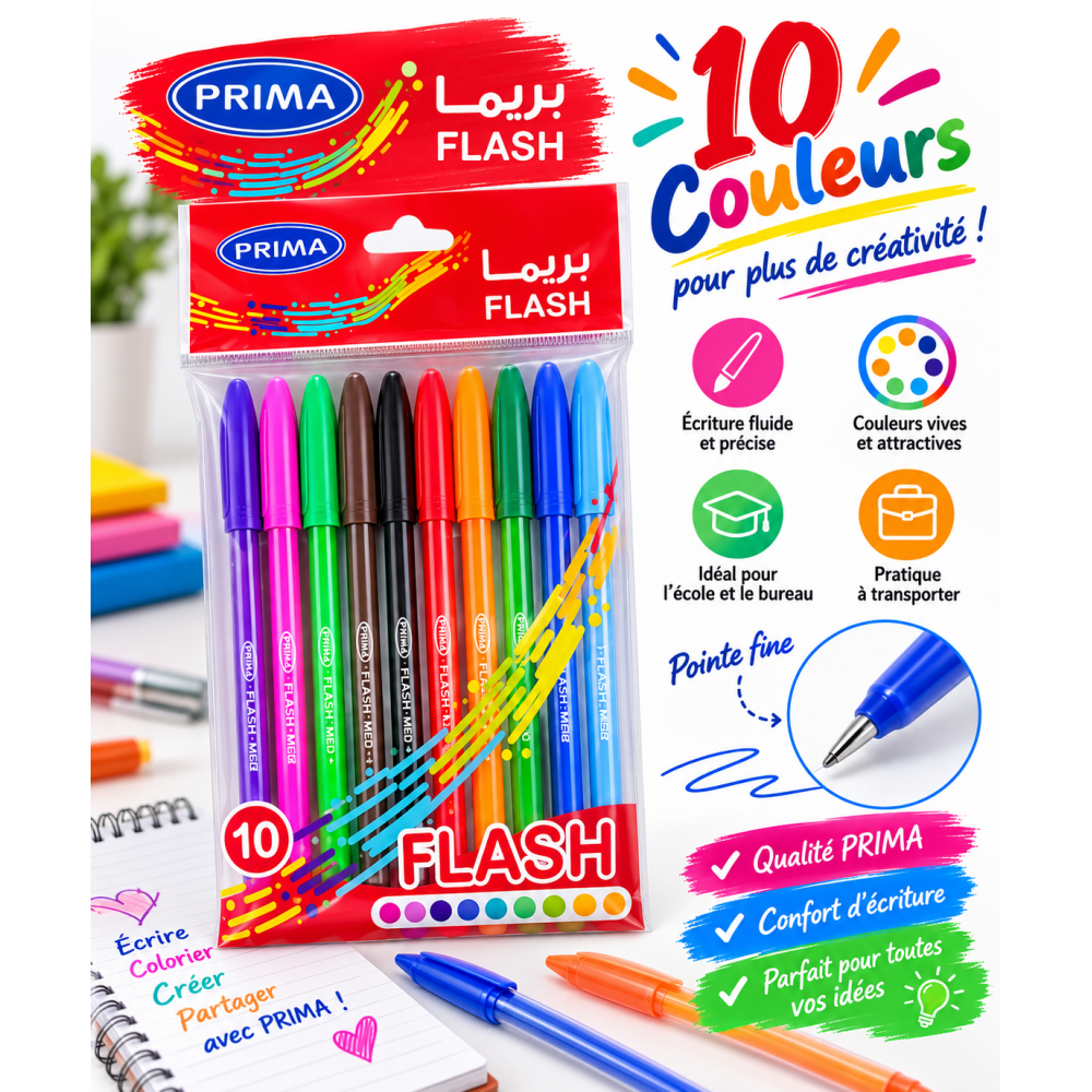 PRIMA FLASH  Pack de 10 stylos colorés