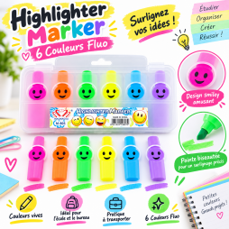 Surligneurs Highlighter Marker Smiley  coffret de 6 couleurs fluorescentes