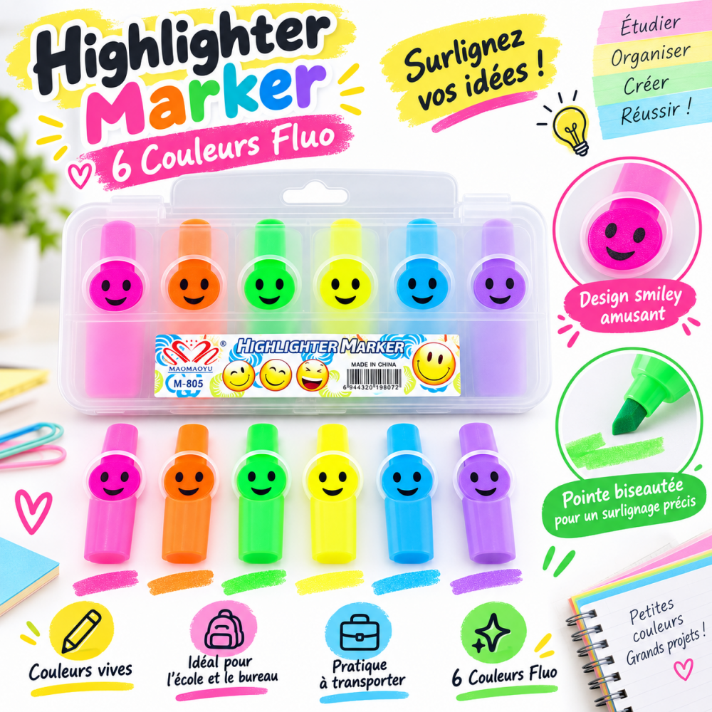 Surligneurs Highlighter Marker Smiley  coffret de 6 couleurs fluorescentes