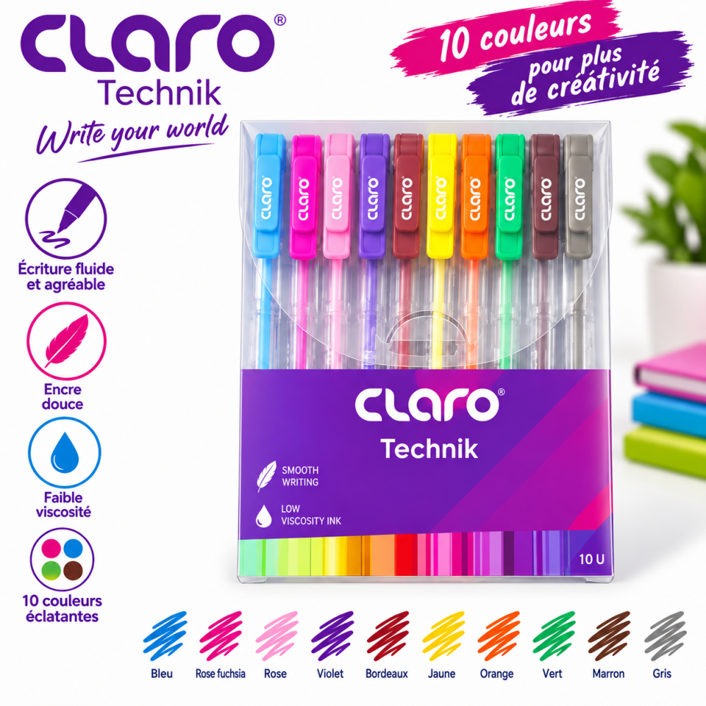 Pack de 10 stylos Claro Technik aux couleurs variées