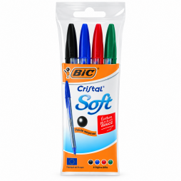 Pack de 4 stylos à bille BIC Cristal Soft aux couleurs noir, bleu, rouge et vert