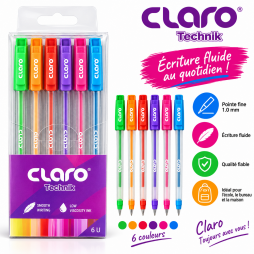 Set de 6 stylos à bille Claro Technik aux couleurs variées