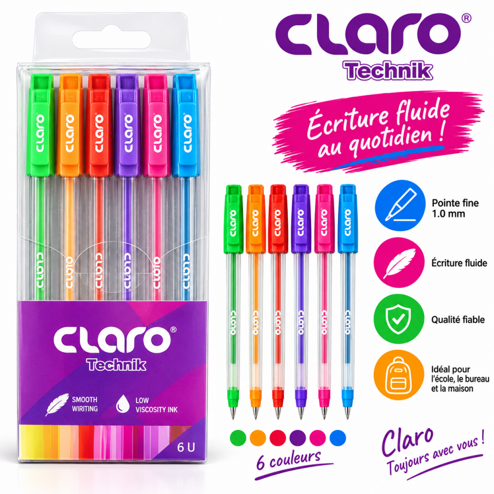 Set de 6 stylos à bille Claro Technik aux couleurs variées