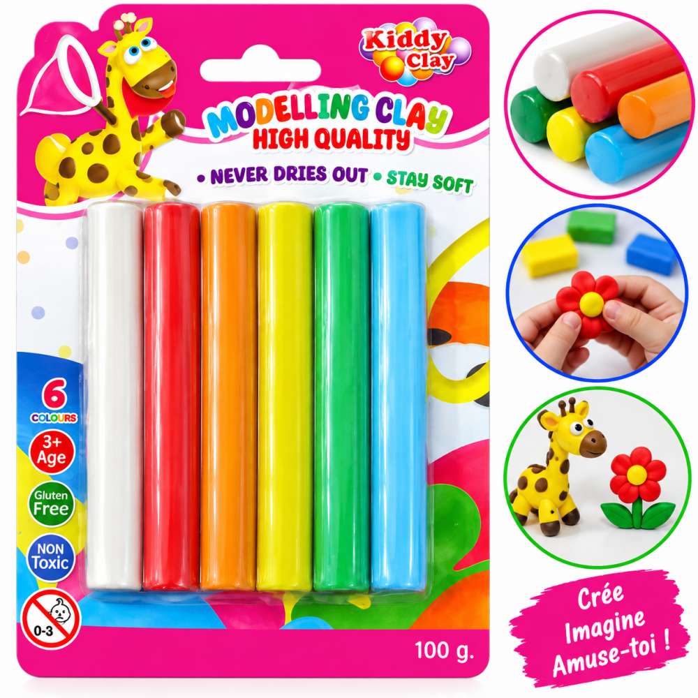 Pâte à modeler Kiddy Clay 100 g en 6 couleurs vives