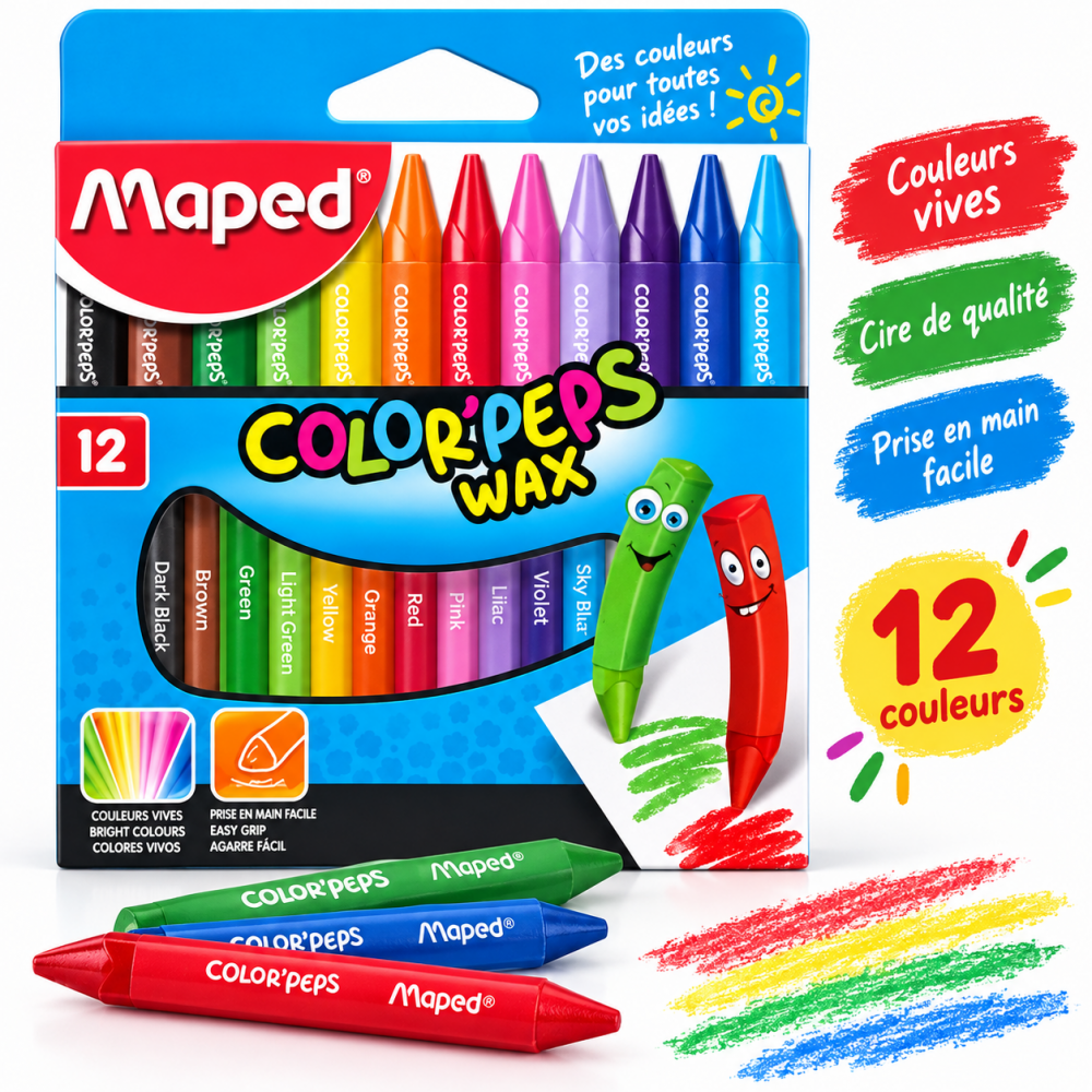 Boîte de 12 crayons de cire Maped Color’Peps Wax aux couleurs vives et variées