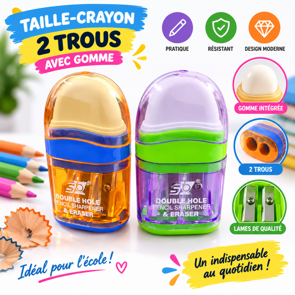 Taille-crayon double trou avec gomme intégrée