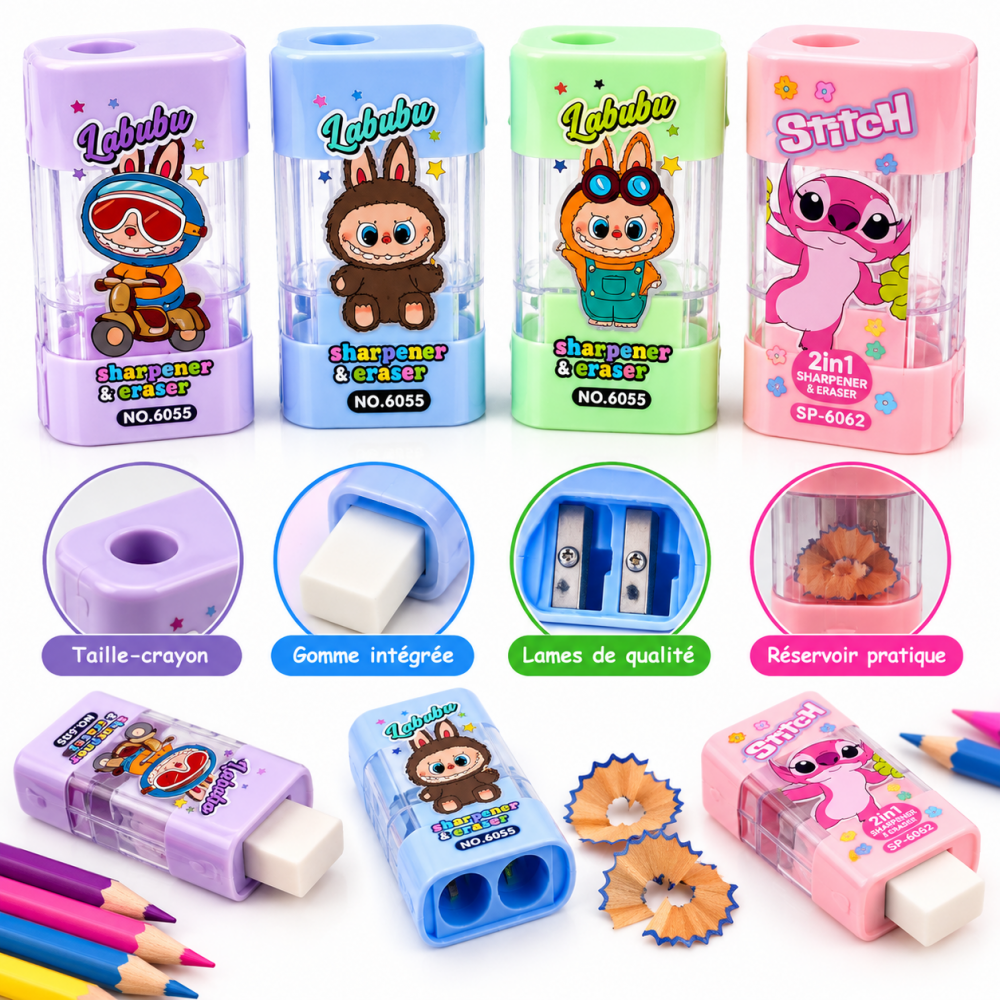 Taille-crayon 2 en 1 avec gomme intégrée et réservoir transparent
