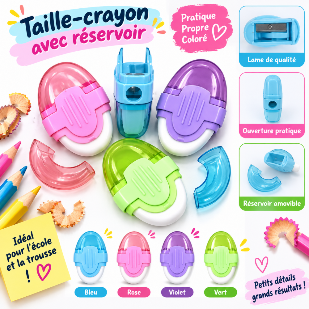 Taille-crayon avec réservoir au design compact et coloré avec gomme