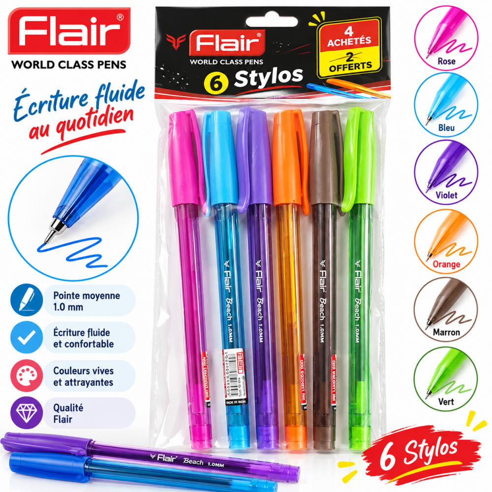 Pack de 6 stylos Flair Beach 1.0 mm aux couleurs variées